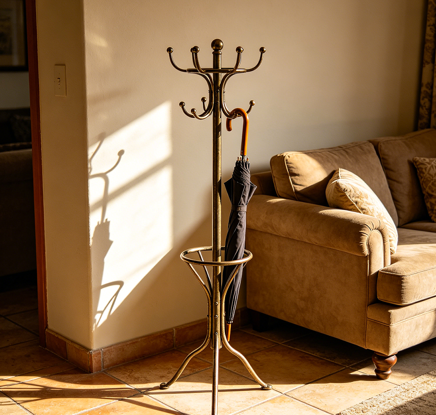Six-Hook Metal Coat Rack with Umbrella Stand and Tripod Base