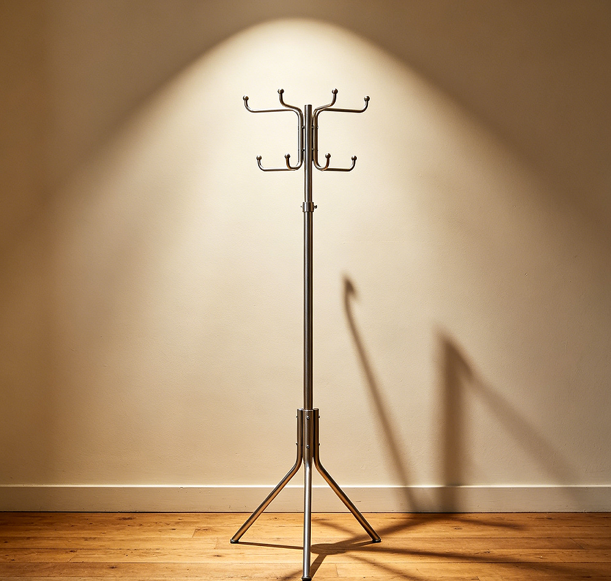 Adjustable Height Coat Rack with Four Double Hooks and Tripod Base